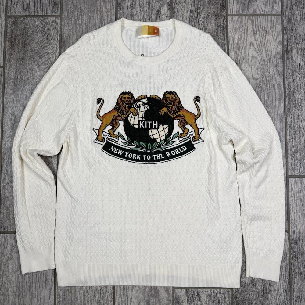 KITH Crew Neck Cable Knit Sweater White Sandrift NY to the World Mens Size M